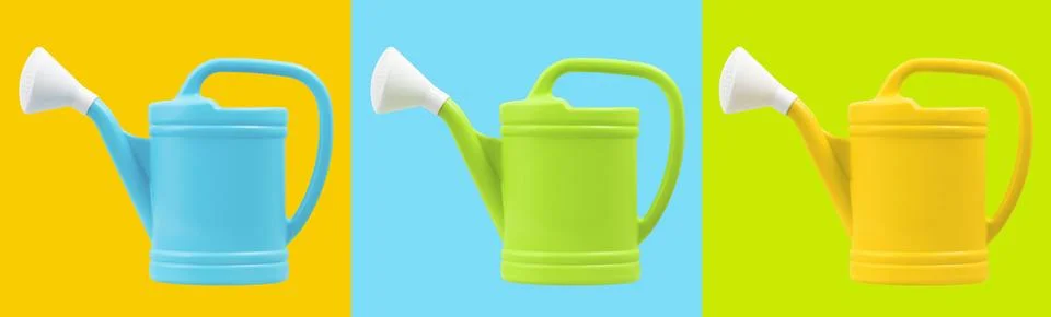 Composition of colored Plastic Watering Cans, isolated on colorful backgrou.. Stock Photos
