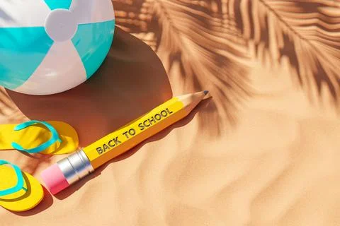 Composition of colorful ball back to school pencil and flip flops on sandy .. Stock Illustration