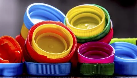 Composition with colorful plastic bottle caps. Recycling Stock Photos