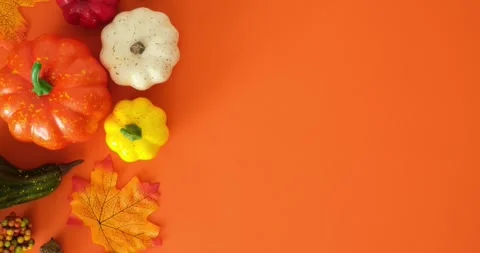 Composition with colorful pumpkins of various sizes and fall leaves Stock Footage 345118637