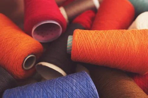 Composition of colorful vibrant wool threads Stock Photos