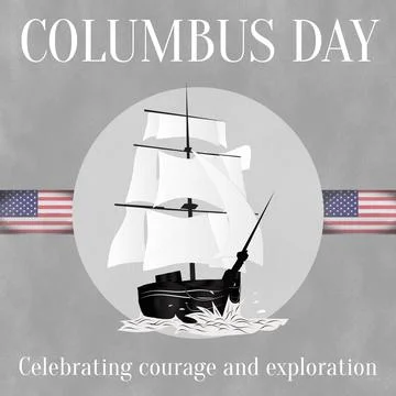 Composition of columbus day text over wooden ship and flags of usa Ilustração Stock
