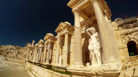 Composition of Columns and Sculpture on Old Fountain Ancient Ruins of Stock Footage 75323382