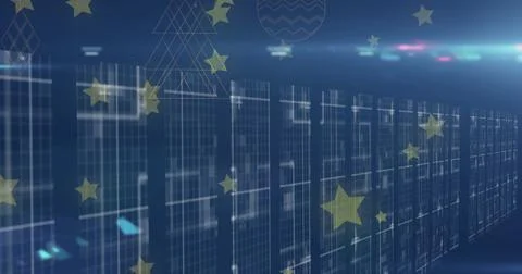 Composition of columns with stars and shapes on black background Ilustração Stock