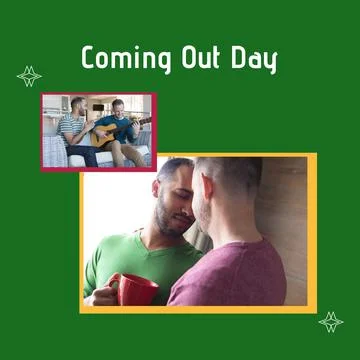 Composition of coming out day text over diverse male couple embracing Fotos Stock