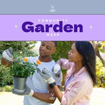 Composition of community garden week text over african american couple gardening Fotos Stock