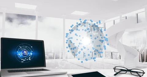 Composition of computer on desk in office, with research data interface screen Foto stock