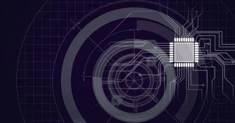 Composition of computer microchip with motherboard circuits and circular scopes Ilustración de archivo