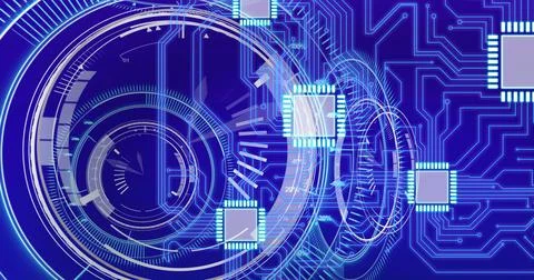Composition of computer motherboard circuits and microchips with circular scopes Ilustración de archivo