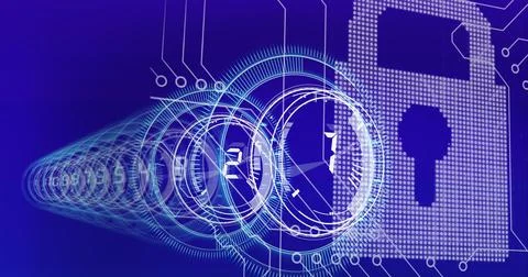 Composition of computer motherboard circuits with safe dials and pixel padlock Stock Illustration