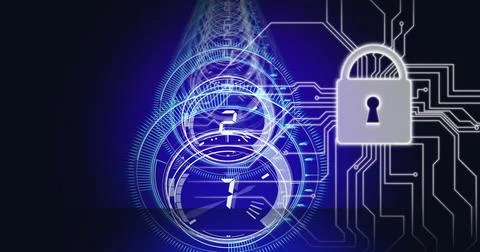 Composition of computer motherboard circuits with safe dials and padlock on 스톡 일러스트