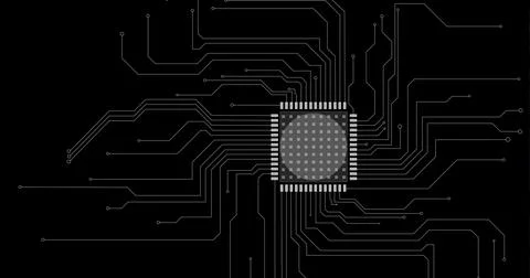 Composition of computer processor circuit board on black background 스톡 일러스트