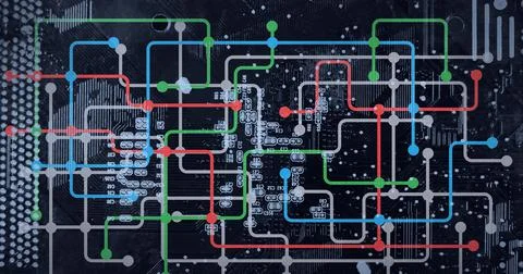 Composition of computer processor with network of connections and circuit board Ilustração Stock