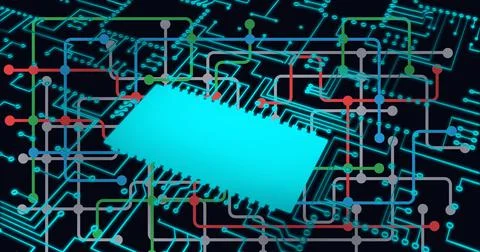 Composition of computer processor with network of connections and circuit board 스톡 일러스트