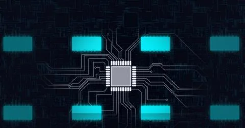 Composition of computer processors with network of connections and circuit board Ilustração Stock