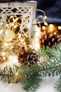 Composition of cones, candlestick branches. Christmas motives Stock Photos