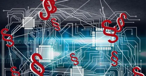 Composition of connected red legal code symbols over motherboard and microchips Stock Illustration