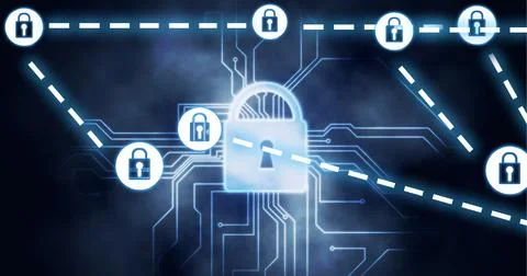 Composition of connected white padlock icons over padlock and circuitboard on Stock Illustration