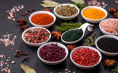 Composition consisting of a variation of several types of spices in white cer Stock Photos