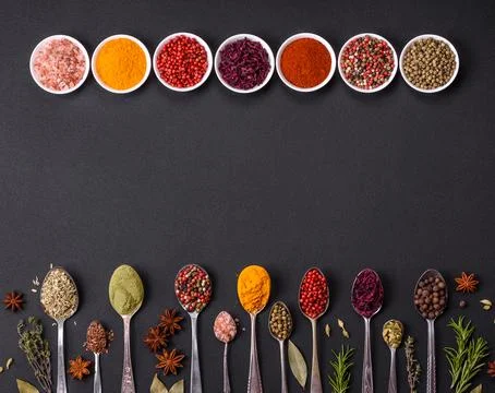 Composition consisting of variations of spices in white bowls and metal spoon Stock Photos