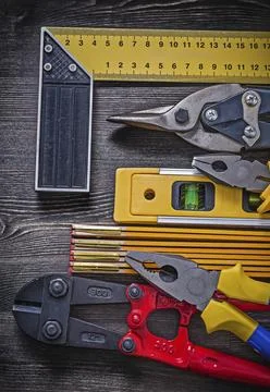 Composition of construction tools on wooden panels Maintenance concept Foto stock