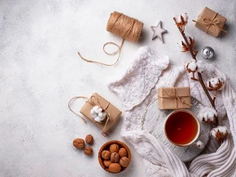Composition with cotton branch and tea Stock Photos
