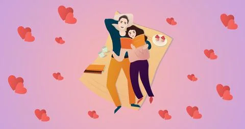 Composition of couple embracing over heart icons on pink background Ilustração Stock