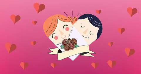 Composition of couple embracing over heart icons on red background Ilustração Stock