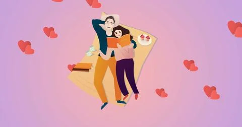 Composition of couple embracing over heart icons Ilustração Stock