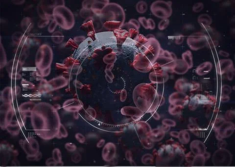 Composition of covid 19 and red blood cells over scope and data processing Stock Illustration