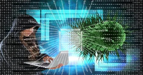Composition of covid 19 cell virus over binary coding and female hacker Stock Photos