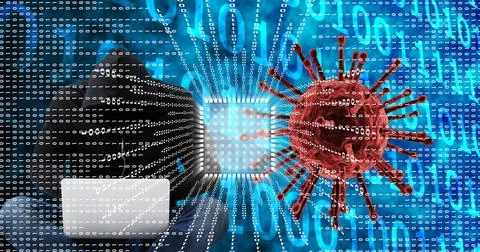 Composition of covid 19 cell virus over binary coding and hacker with laptop Stock Photos