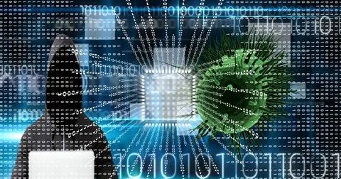 Composition of covid 19 cell virus over binary coding and hacker with laptop Stock Photos