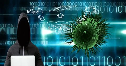 Composition of covid 19 cell virus over binary coding and hacker with laptop Stock Photos