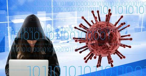 Composition of covid 19 cell virus over binary coding and female hacker Stock Photos