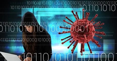 Composition of covid 19 cell virus over binary coding and female hacker with Stock Photos