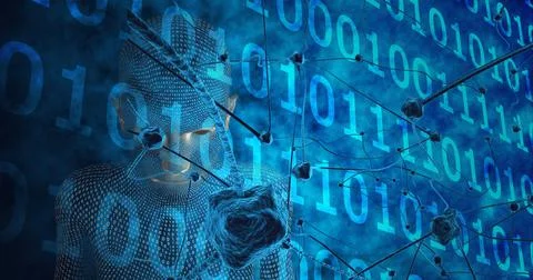 Composition of covid 19 cells, human bust, binary coding on blue background Stock Illustration