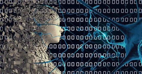 Composition of covid 19 cells, human bust, binary coding on blue background 스톡 일러스트