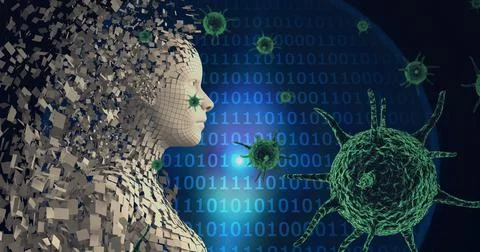 Composition of covid 19 cells, human bust, binary coding on blue background Illustrazione stock