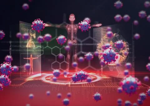 Composition of covid 19 cells over human model and medical data processing Stock Illustration