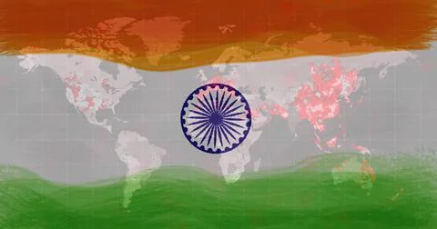Composition of covid 19 cells over indian flag and world map Ilustração Stock
