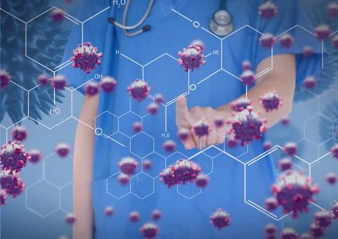 Composition of covid 19 cells over female doctor touching interactive screen Stock Photos