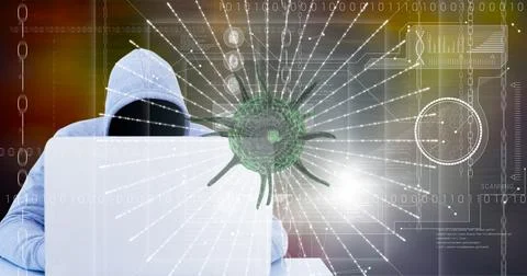 Composition of covid 19 virus cell and binary coding data processing over hacker Stock Photos