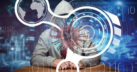 Composition of covid 19 virus cell and binary coding data processing over hacker Foto stock