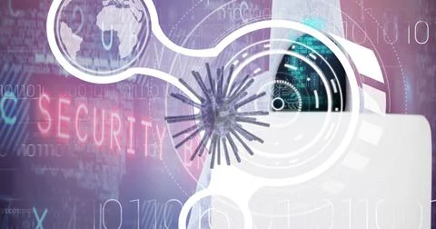 Composition of covid 19 virus cell and binary coding data processing over hacker Stock Photos