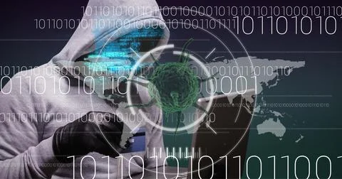 Composition of covid 19 virus cell and binary coding over hacker with credit Stock Photos