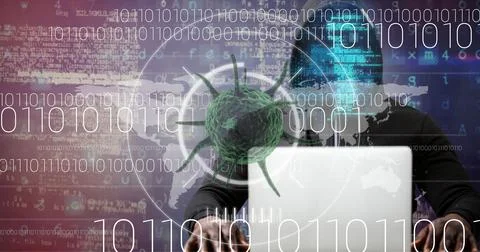 Composition of covid 19 virus cell and binary coding data processing over hacker Stock Photos