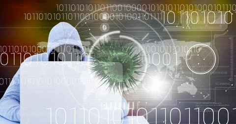 Composition of covid 19 virus cell and binary coding data processing over hacker Foto stock