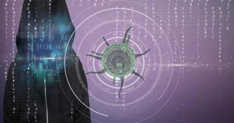 Composition of covid 19 virus cell and binary coding data processing over hacker Stock Photos