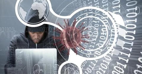 Composition of covid 19 virus cell and binary coding data processing over hacker Stock Photos